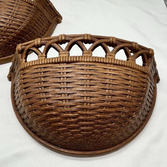 Vtg Homco Brown Faux Wicker Wall Pocket Decor Planter Set 2 Granny Cottage Decor - Picture 2 of 8